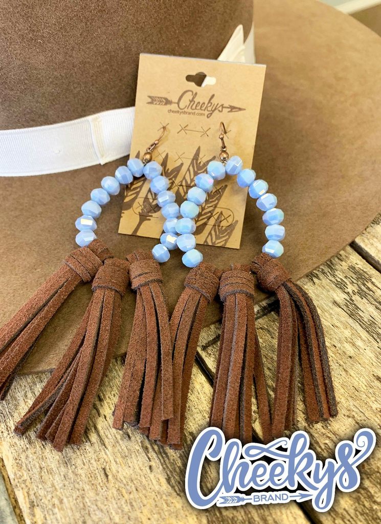Willa Leather Tassel Earrings with Periwinkle Beads and Brown Tassels
