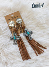 Load image into Gallery viewer, Buffalo Nickel Leather Tassel Earrings with Turquoise Cross Charm
