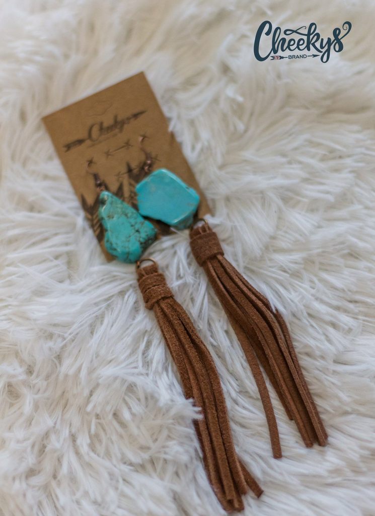 The Presley Turquoise Stone and Brown Leather Tassel Earrings