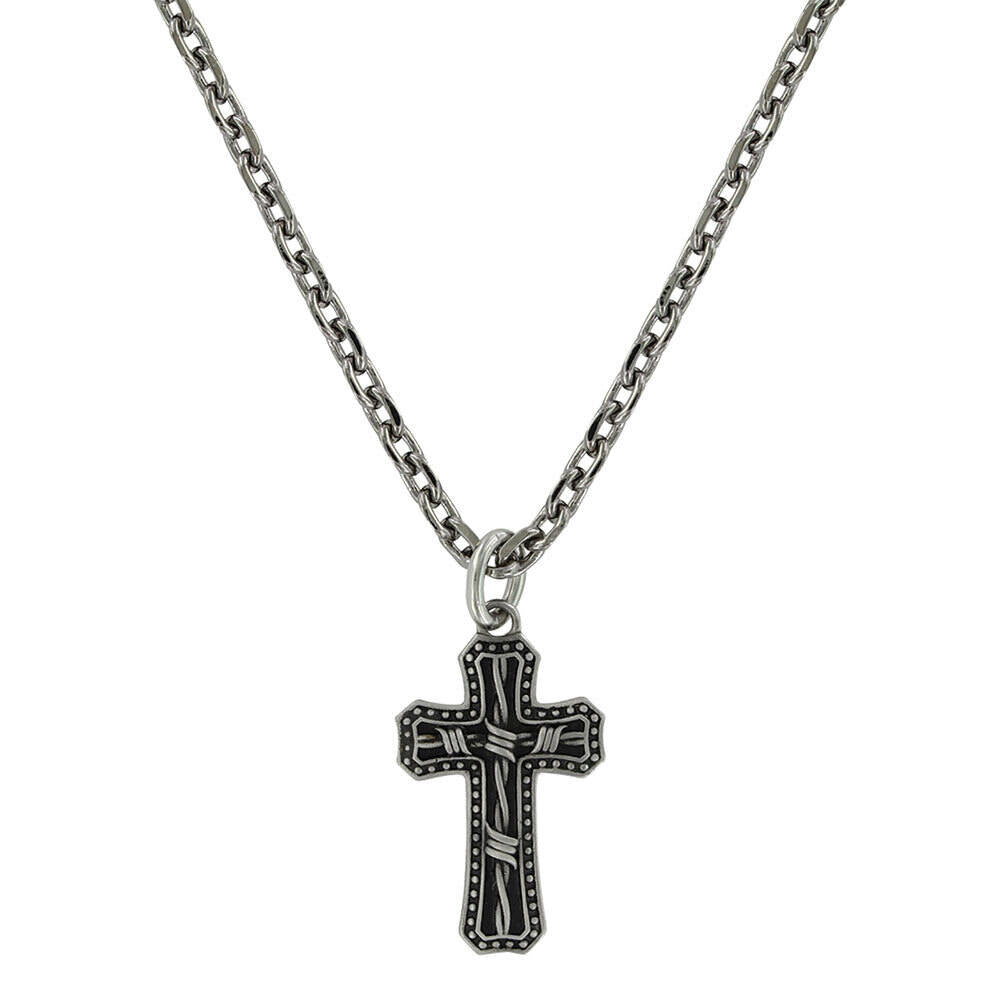 Antiqued Stainless Barbed Wire Cross Necklace