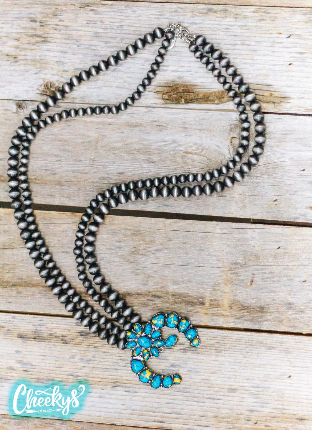 Roselynn Squash Blossom Necklace With Turquoise Stones and Navajo Pearls