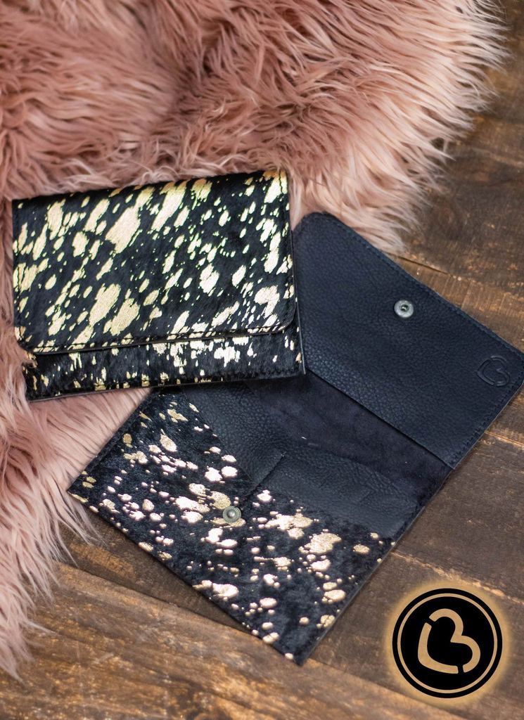 Riley Leather Wallet in Black and Gold Acid Wash Hair on Hide